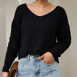 2019 Короткие топы ленивый стиль вязаные свитера сексуальные женщины v-образным вырезом приталенные Пуловеры Осенние кроп топа свитер
