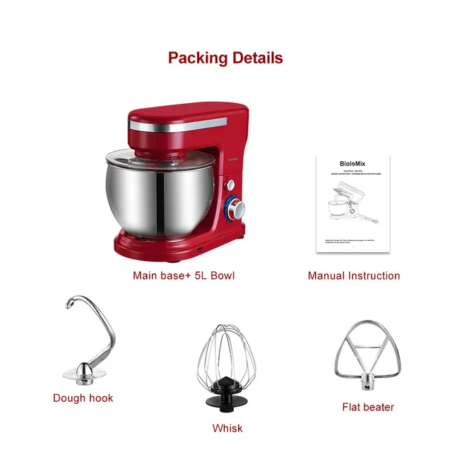BioloMix 1200W  5L Stainless Steel Bowl 6-speed Kitchen Food Stand Mixer Cream Egg Whisk Whip Dough Kneading Mixer Blender 4
