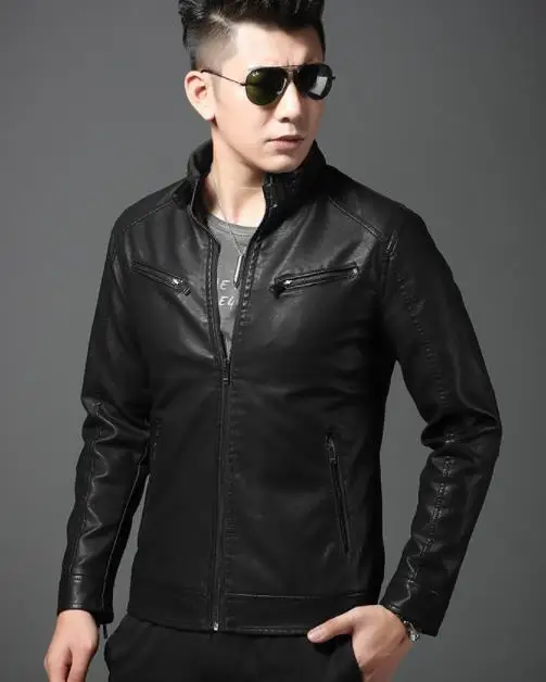 Мужская куртка из натуральной кожи, весна-осень, тонкая мужская мотоциклетная кожаная куртка из овчины, черная коричневая 1609 для мальчиков-подростков - Цвет: Черный