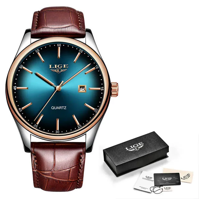 Rose gold green LIGE женские роскошные часы от ведущего бренда, модные простые часы с кожаным ремешком, водонепроницаемые спортивные кварцевые часы с автоматической датой, женские часы+ коробка - Цвет: Rose gold green