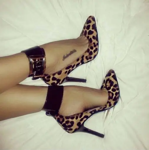 Sexy Leopard Patent Leather High Heel Shoes Big Ankle Strap Buckle Thin Heels Woman Pumps Cutouts Party Dress Heels 35-42