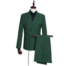 Белый полосатый нагрудный Тонкий Зеленый Клетчатый мужской повседневный костюм(пиджак+ брюки+ жилет) Модный двубортный костюм из 3 предметов