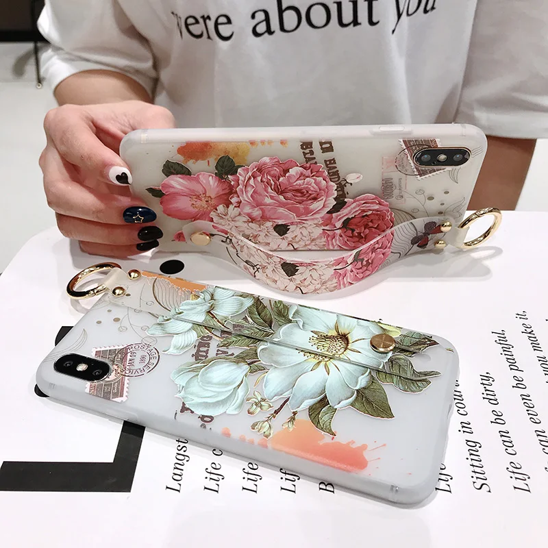 SoCouple Stand Holder Case For iphone X Xs max XR Case For iphone 6 6s 7 8 plus Flower Soft TPU Wrist Strap Phone Case Cover (2)