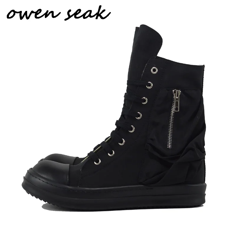 Кроссовки женские 20ss Owen Seak черные на шнуровке с высоким берцем молнии плоской
