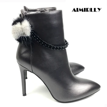 

Womens Ankle Boots Pointed Toe High Heel Shoes Zipper Ankle Chain Decorated Winter Autumn Party Dress Booties Black Aimirlly