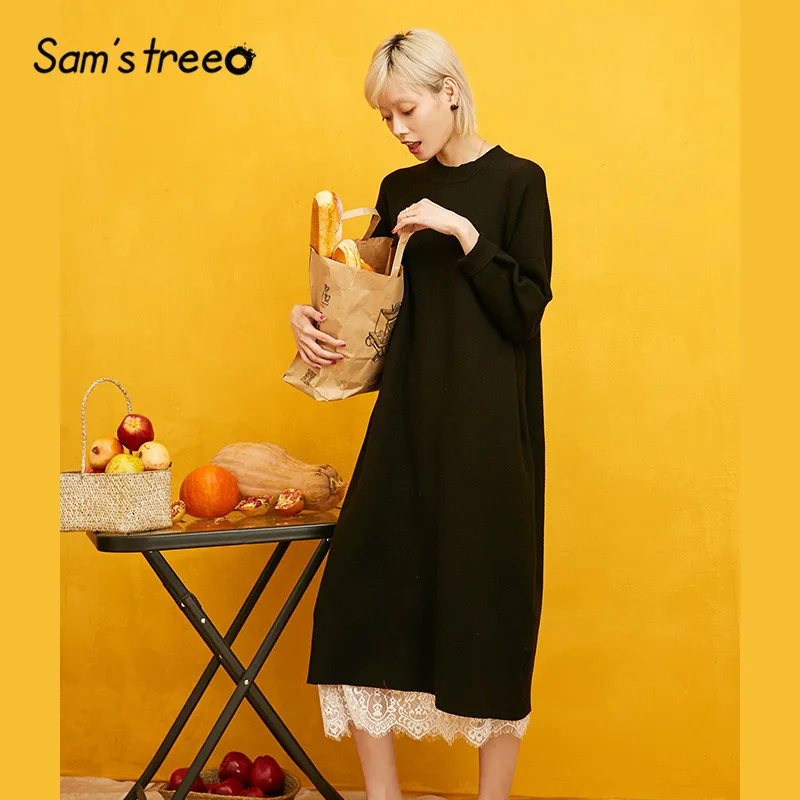 Empfohlen tlmZr SAM'S TREE Black Solid Contrast Lace Knitted Women Dress 2019 Autumn Long Sleeve Two Piece Sets Casual Office Ladies Dresses Empfohlen tlmZr SAM'S TREE Black Solid Contrast Lace Knitted Women Dress 2019 Autumn Long Sleeve Two Piece Sets Casual Office Ladies Dresses