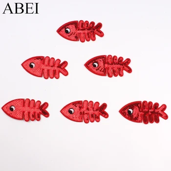 

10pcs/lot Sequined Red Fish Bone Patches DIY Iron On Cartoon Funny Stickers Embroidered Patch Handmade Appliques Wholesale