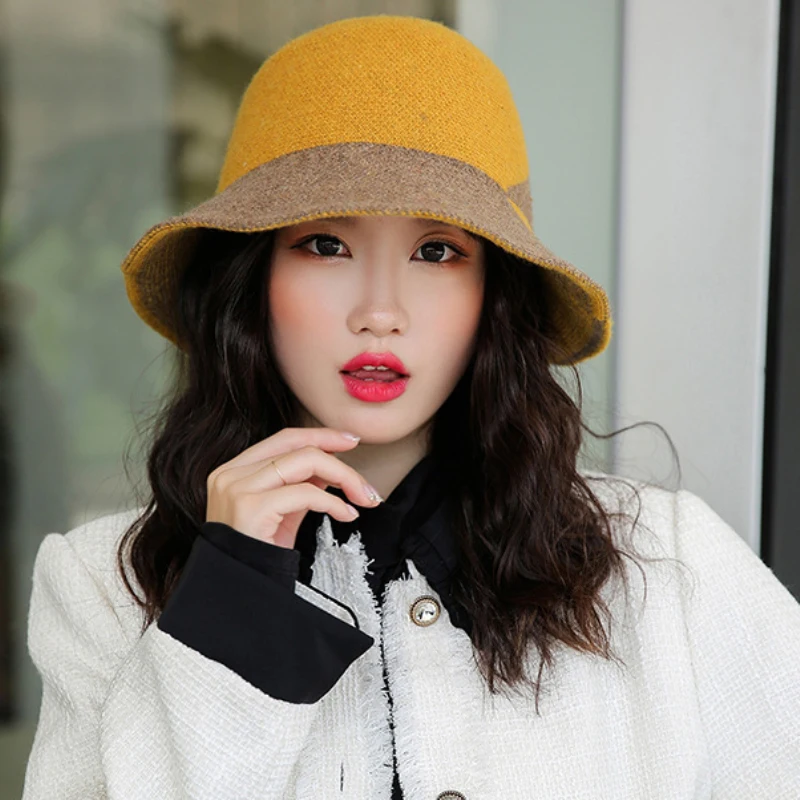 HT2768 New Fashion Knitted Hat Elegant Warm Autumn Winter Wool Hat Lady Wide Brim Bucket Hat Female Patchwork Fishing Bucket Cap