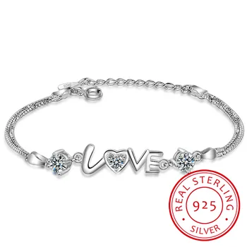 

Heart Love Round Cubic Zirconia Double layer box Chain Bracelet Real 925 Sterling Silver Fine Jewelry For Women Party Gift