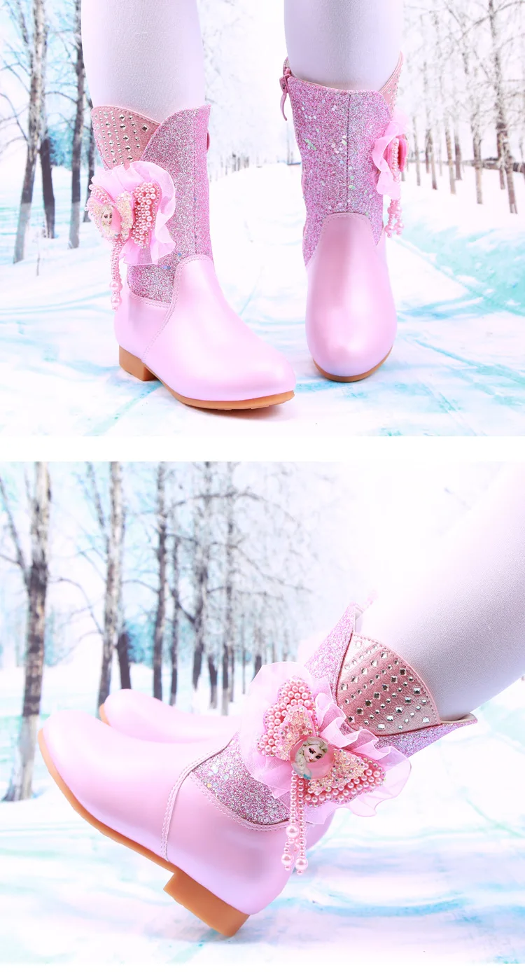 Зимние детские сапоги для девочек; высокие сапоги на низком каблуке; обувь принцессы для девочек; хлопковые кожаные сапоги; цвет розовый, синий; обувь для подарка на день рождения