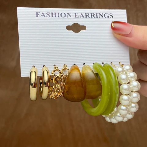 Bohemian Colorful Resin Acrylic Hoop Earrings Set For Women Trendy Gold Color Pearl Hoop Earrings Brincos Party Jewelry