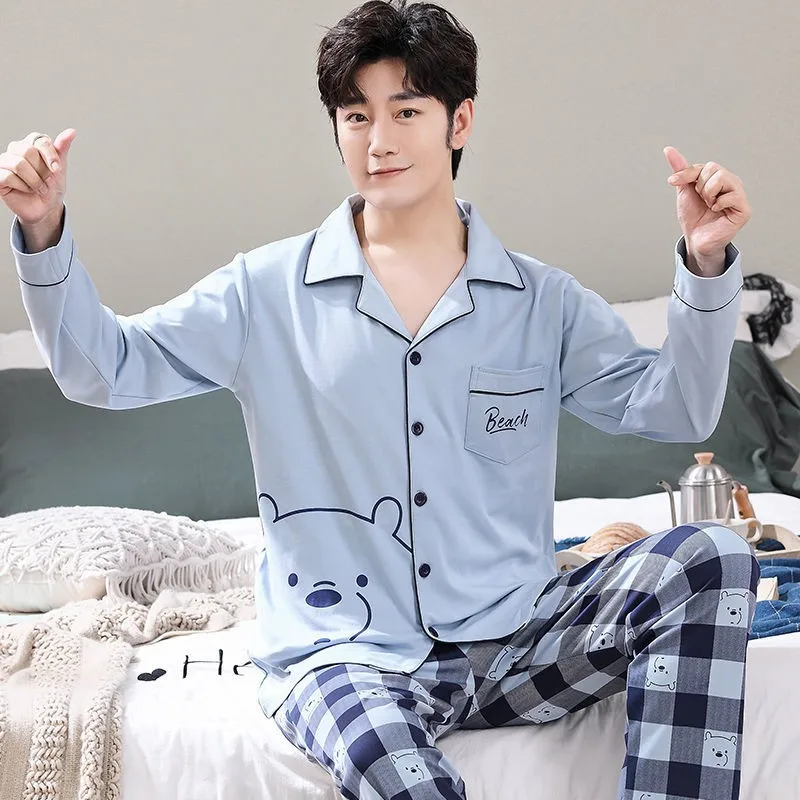 Casual Men Cartoon Sleepwear Long Sleeve Cotton Pajamas Sleep Set Plus SIze 3XL Homewear Spring New Male Pyjamas Pijamas Suit men's silk pajamas