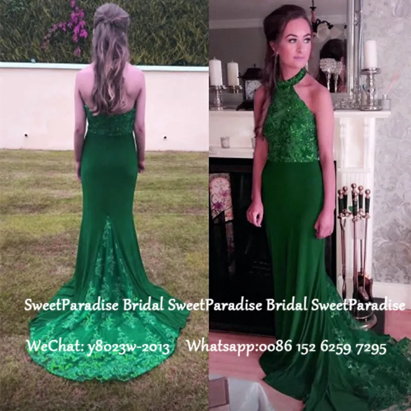

Green Lace Appliques Mermaid Bridesmaid Dresses 2020 Halter Long Court Train Wedding Guest Dress Robe Demoiselle D'honneur