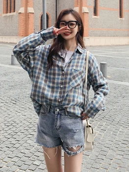 

2020 Spring And Autumn New Youth Popular Chest Pocket Loose Plaid Long Sleeve Shirt Fashion Casual Wild Top Jacket Blue S-XL