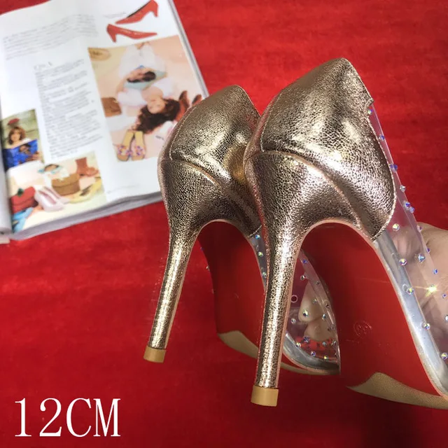Туфли с красным верхом на высоком каблуке прозрачные цвета: золотистый, серебристый с украшением в виде кристаллов; цвет стразы свадебные туфли невесты; прозрачные женские вечерние на высоком каблуке 12 см 3,14 - Цвет: Gold  12cm