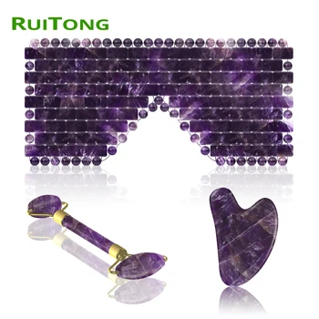 

Drop Shipping Amethyst Face Shield Eye Massage Roller Guasha Scraper Purple Crystal Sleeping Facial Massager Eye Relax Set