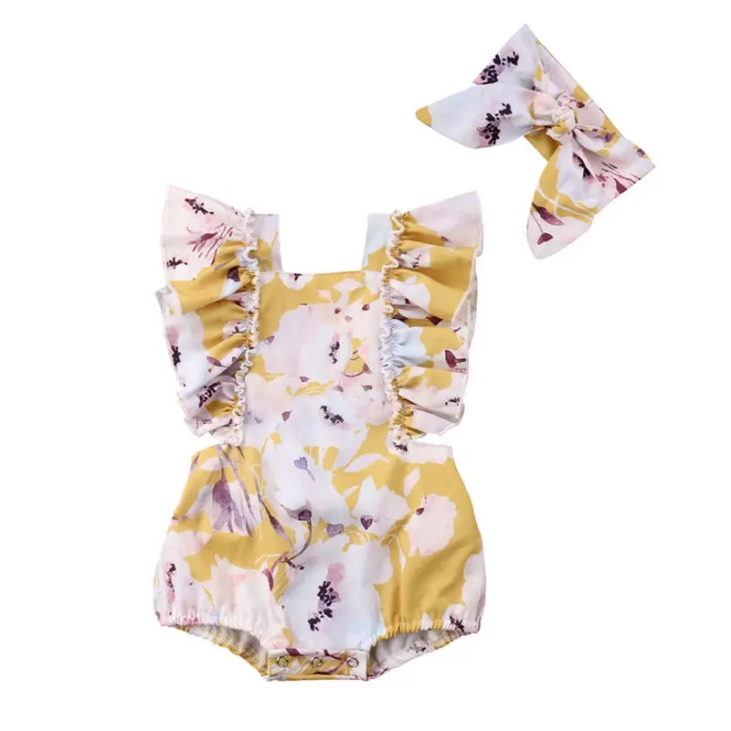 

Toddler Newborn Baby Girls Romper Floral Backless Girl Ruffle Jumpsuits Infant Headband Kids Clothes Children's Clothing Sets