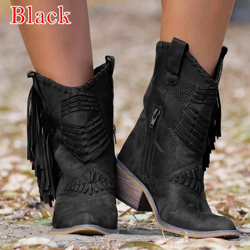 CYSINCOS; коллекция года; женские ботинки; однотонные ботинки с бахромой на плоском каблуке средней высоты; ботинки с бахромой; женская обувь - Цвет: black