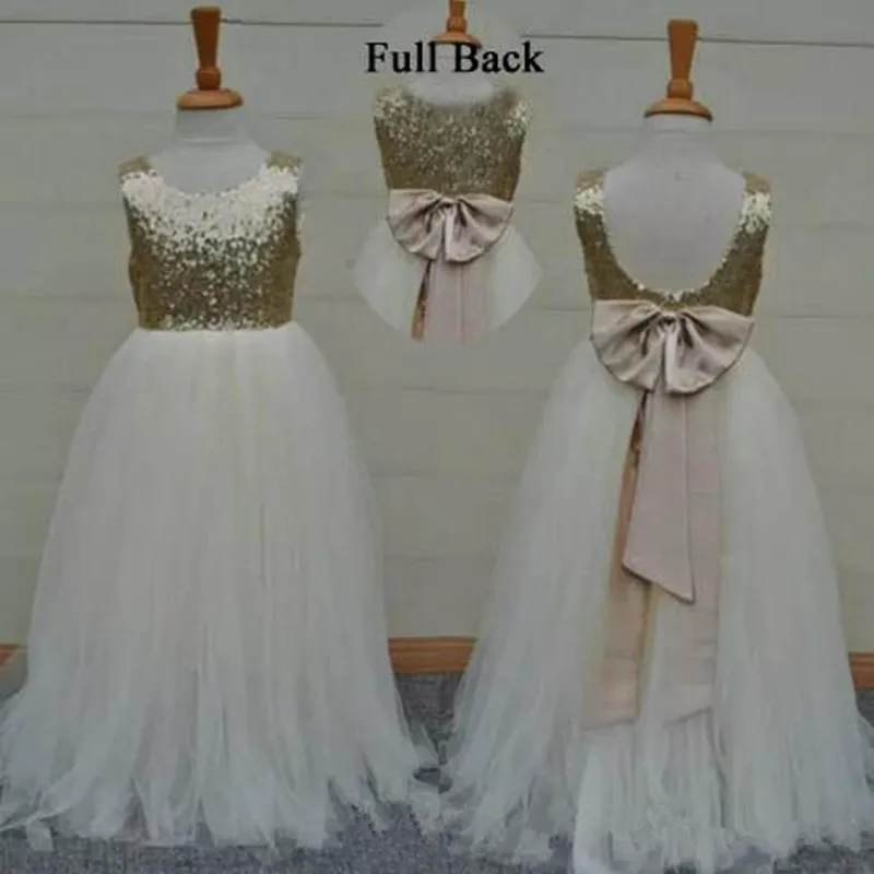 12-03 Real Sample High Quality Flower Girls Dresses Sparkly Gold Sequins Kids Long Formal Wedding Party Gowns Sleeveless Open Back Bow Sash