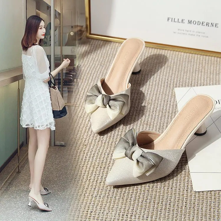 

2019 Spring Summer New Style Pointed-Toe ban tuo xie Women's Bow Fashion Outer Wear Slippers Closed-toe in Thin Heeled Sandals