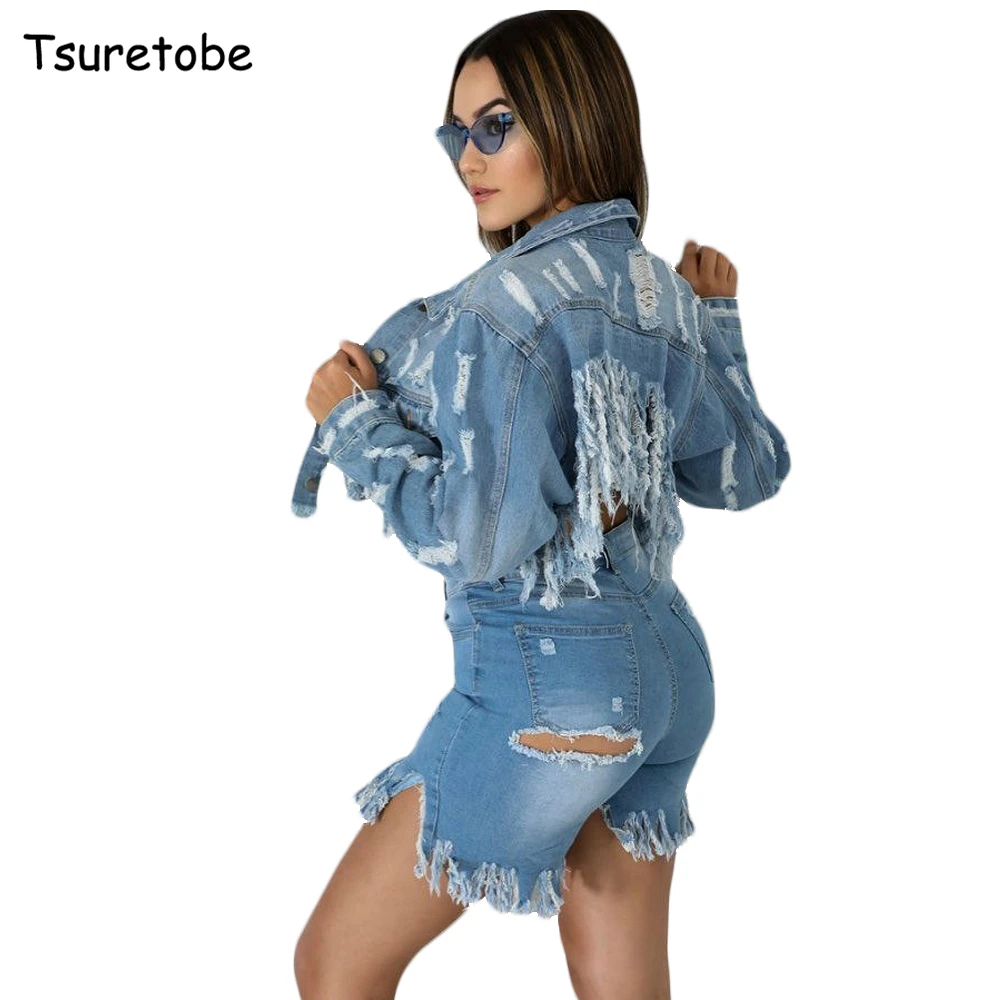 Tsuretobe/Осенняя джинсовая куртка с дырками, с бахромой, Женская неравномерная укороченная джинсовая куртка с длинным рукавом, синее пальто с карманом для женщин