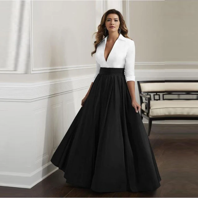 Black White Mother Of The Dresses A-line 3/4 Sleeves Satin Plus Size Long Groom Mother For Weddings - AliExpress