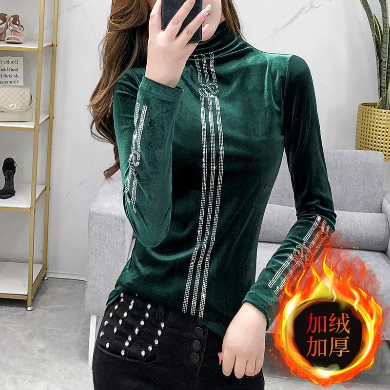 Günstige Mode Sexy Shiny Patchwork Diamanten Sicken T shirt Neue Herbst Winter Top Kleidung Mit Fleece Shirt Camiseta Mujer Tees T9N706