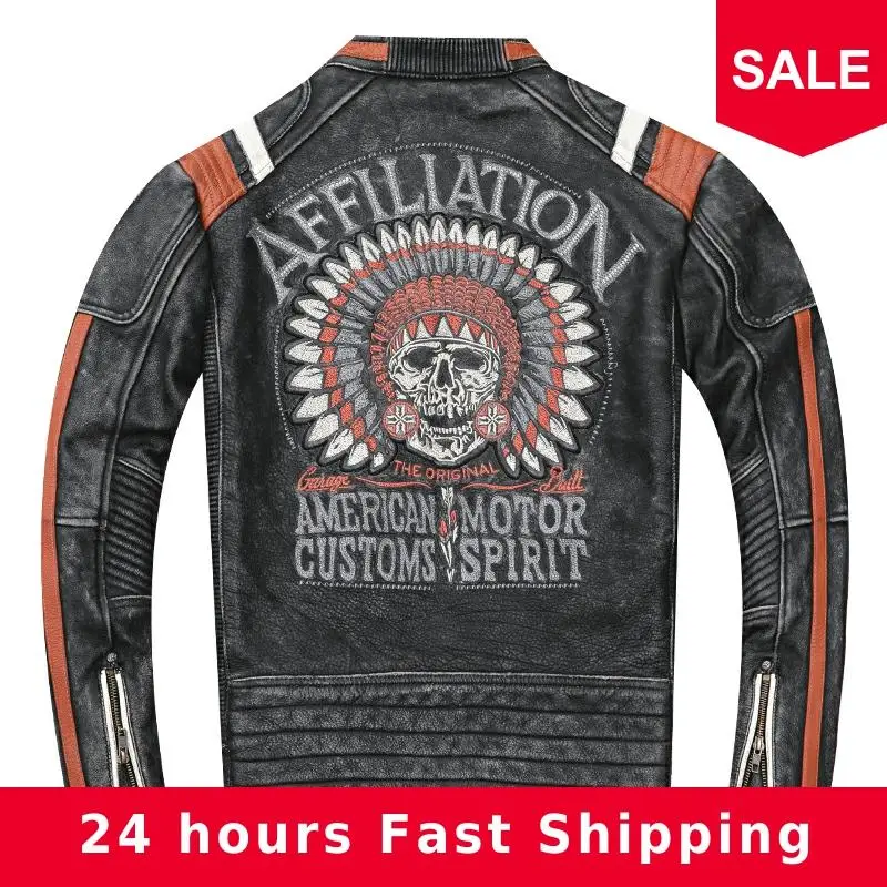 

2020 Vintage Black Men SKull Embroidery Slim Fit Biker's Leather Jacket Plus Size 5XL Genuine Thick Cowhide Russian Winter Coat