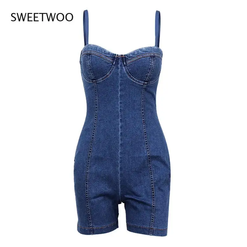 2021 European and American Summer New Style Women's Fashion Denim Tight Backless Tube Top Suspenders One-Piece Short Jumpsuit