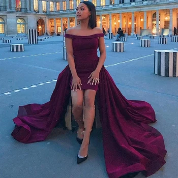 

YiMinpwp Burgundy Sheath Prom Dresses With Overskirt Off Shoulder Sweep Train Women Formal Evening Party Gowns Plus Size