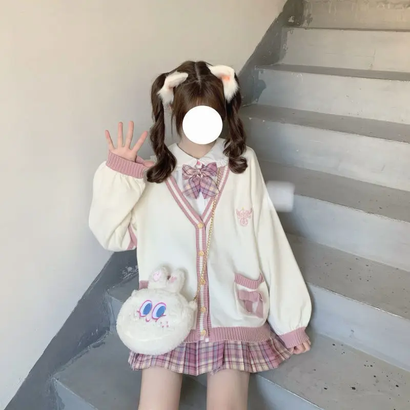 Japanese School Uniform Japanese Girls Loli V-neck JK Uniforms Cute Sweet Sweater Jackets Cardigan Women Student School College Style Cosplay Costumes