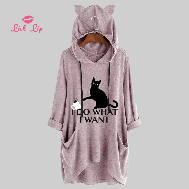 Pink Lick губы Большой Размер 4XL 5XL кошка печать ночнушка Длинные рукава карман с капюшоном ночная рубашка милые свободные удобные Домашняя одежда SWA10116-3 - Цвет: Pink