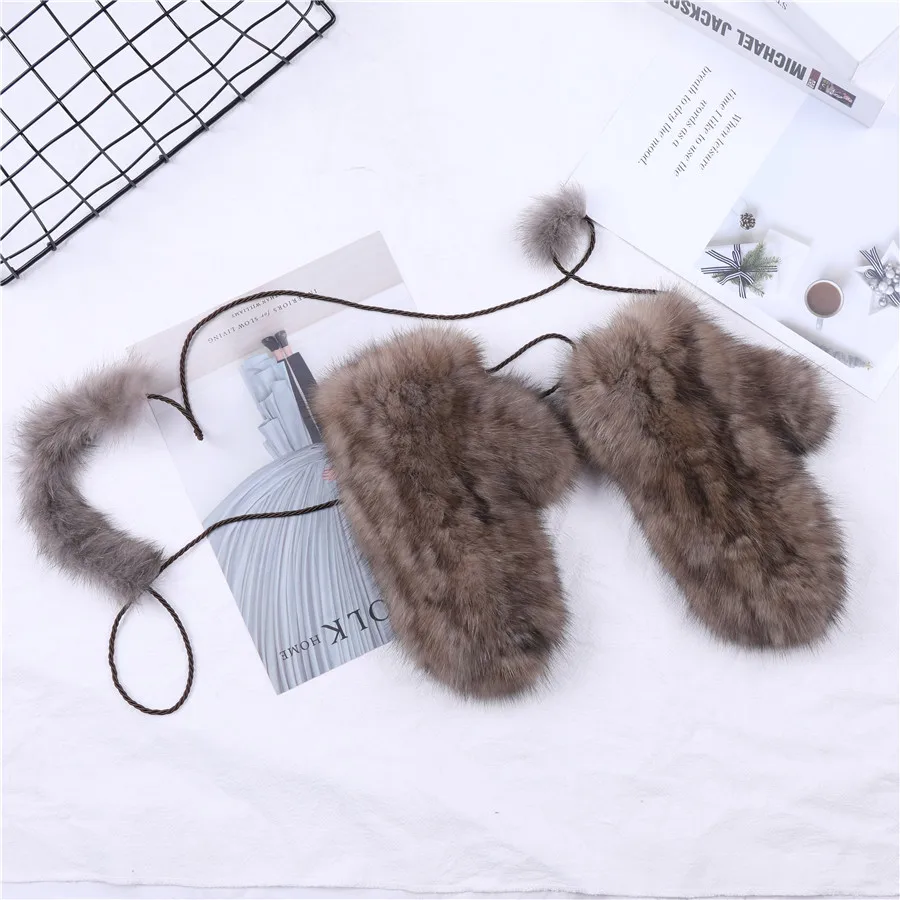 New Women Winter Luxury Sable Fur Gloves Kintting Mittens Girls Ski Gloves Warm Fur Mitts Russian Lady Wrist Glove