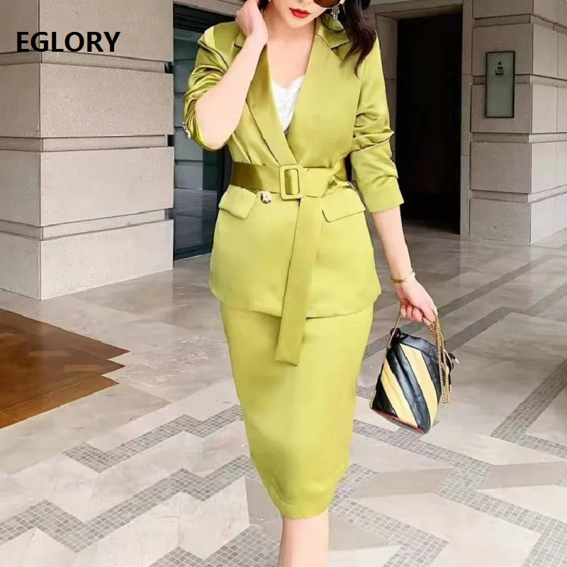 

Elegant Work Skirt Suits 2020 Spring Style Women Notched Collar Double Breasted Blazer Jacket+Mid-Calf Length Pencil Skirt Sets