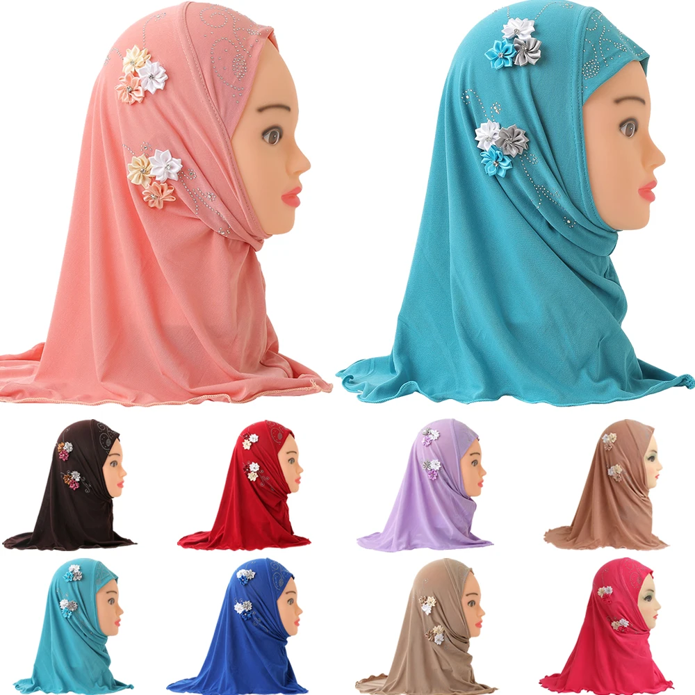Kids Girls Hijab Muslim Scarf Shawl Wrap Headscarf Hot Drilling Islamic Headwear 