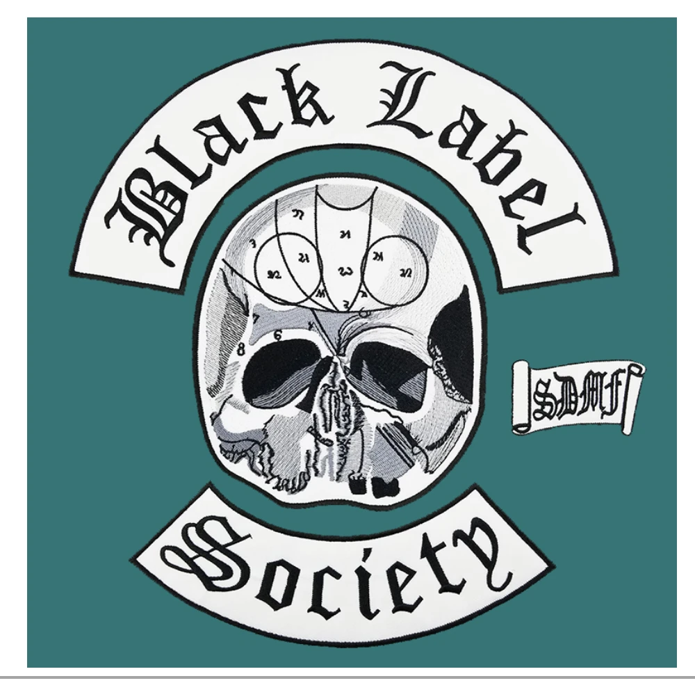 Skull Head Rocker Embroidery Patches Black Label Biker Back for Mens Vest Clothing Rock Punk Embroidered Iron On Badges