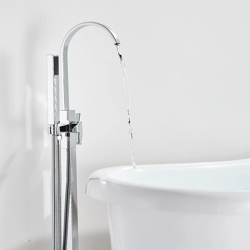 Chrome Bathtub Shower Faucet Bathroom Free Standing Tub Spout Faucets Floor Mounted Hot Cold Water Mixer Tap with Handshower