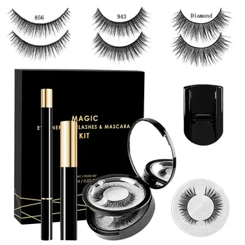 

False Eyelashes and Eyeliner Kit- No Glue Non Magnetic 3 Pairs Waterproof Reusable Eyelashes with Sticky Liquid Eyeliner Mascara