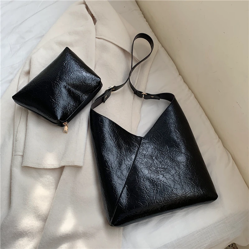 Solid Color Vintage Leather Bucket Bags For Women Shoulder Crossbody Messenger Bag Female Small Handbags and Purses - Цвет: Черный