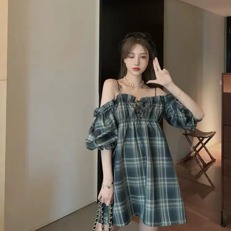 Fashion Dress Women Plaid Slash Neck Summer Mini Sweet Sexy Empire Off Shoulder Korean Style Loose Cozy Street Female Students mini dress