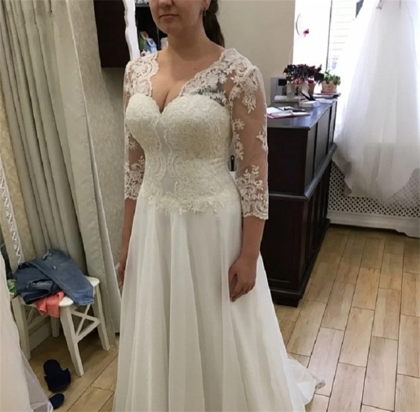 

2020 New Lace Wedding Dresses V-Neck 3/4 A-Line Sleeves Lace Up Back Bridal Gowns Plus Size Chiffon Appliques Vestidos De Novia