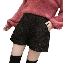 Осенне-зимние шерстяные шорты для женщин новые тонкие черные женские шорты с высокой талией плотные теплые твидовые короткие брюки винтажные шорты