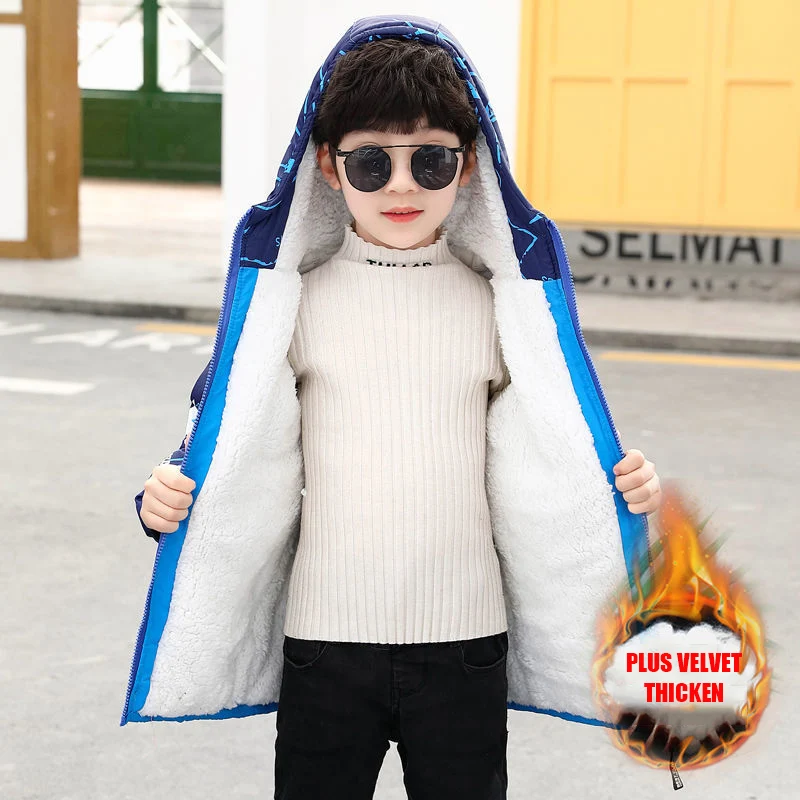 Jaqueta de Poliéster para o Menino Veludo com Capuz Inverno Nova Versão Coreana Manter Quente Engrossar Mais Parka Cabolsa Casual Roupas Infantis 3 High Quality Mamãe e Bebê
