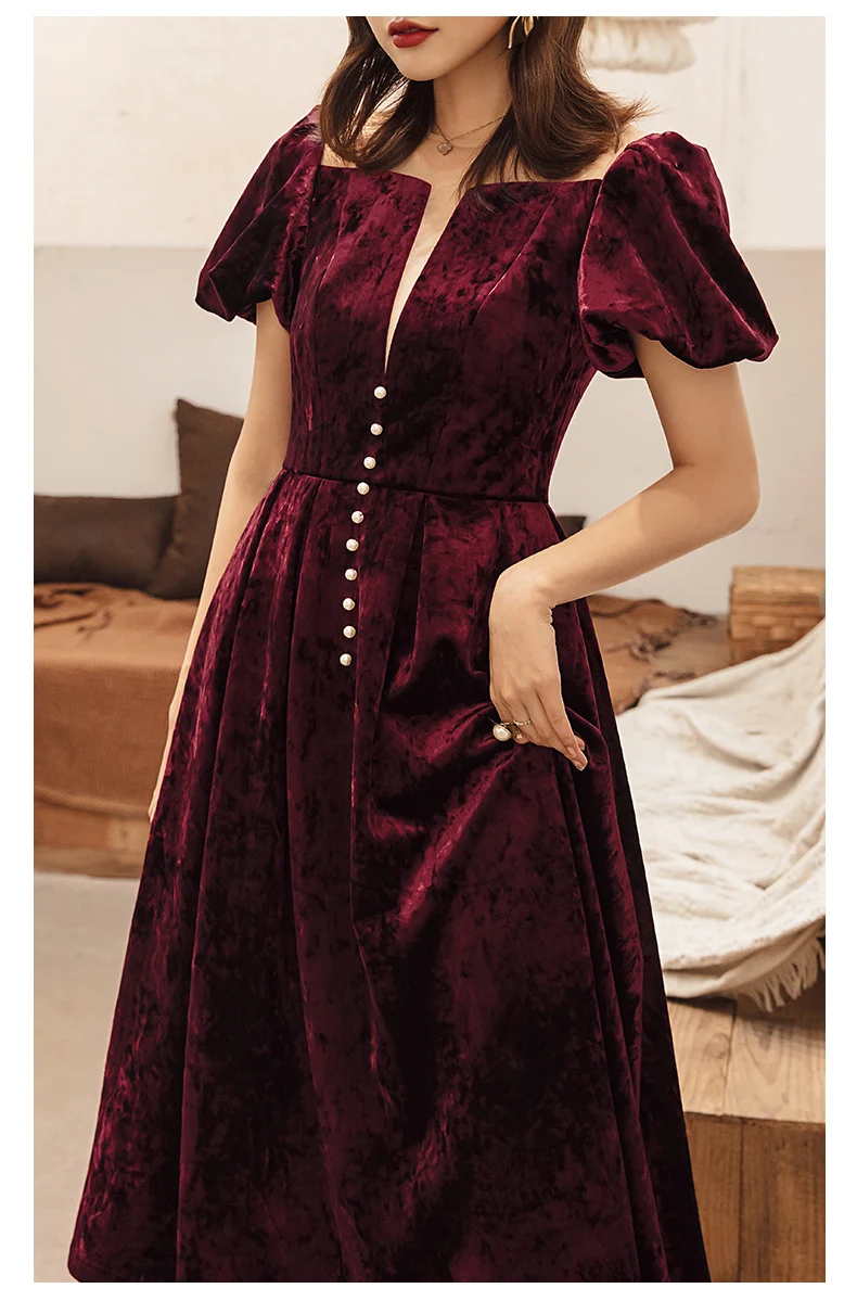 YIGELILA New Arrrivals Deep Wine Dress Solid O-neck Puff Sleeves Vintage Dress Short Sleeves With Button Mid-calf Dress 65336