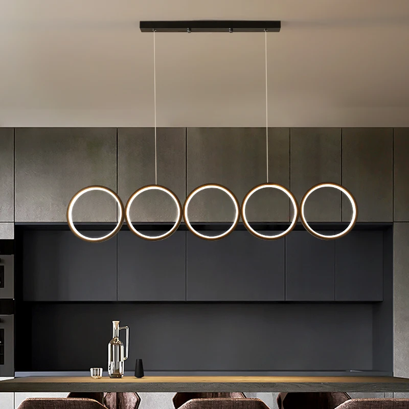 Dining Room LED Chandelier Round Rings Coffee Shop Bar Modern Nordic Simple Hanging Light Restaurant Long Black Art Pendant Lamp