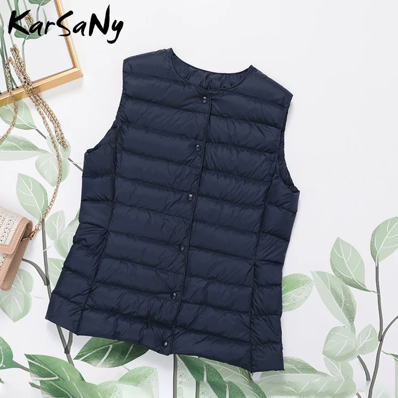 Navy blue KarSaNy, зимний женский жилет, ультра тонкий пуховик, Женское пальто без рукавов, зимний теплый ультра светильник, жилет на утином пуху для женщин, короткий - Цвет: Navy blue