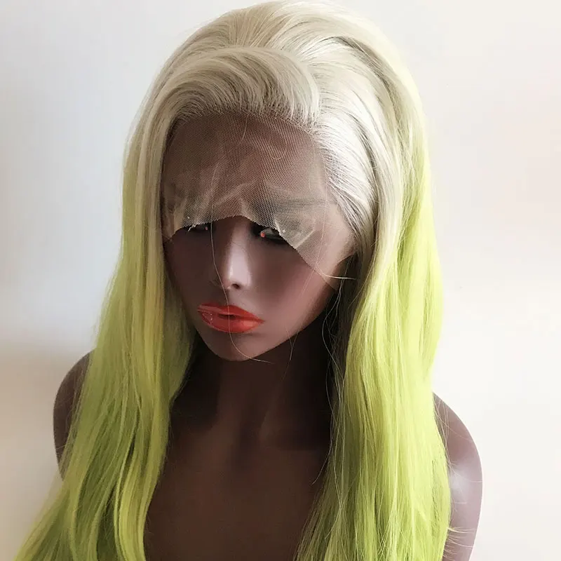 BM White Roots Ombre Green Natural Wave Synthetic 13*4 Lace Front Wig Heat Resistant Fiber Hair Natural Hairline For Women Wigs
