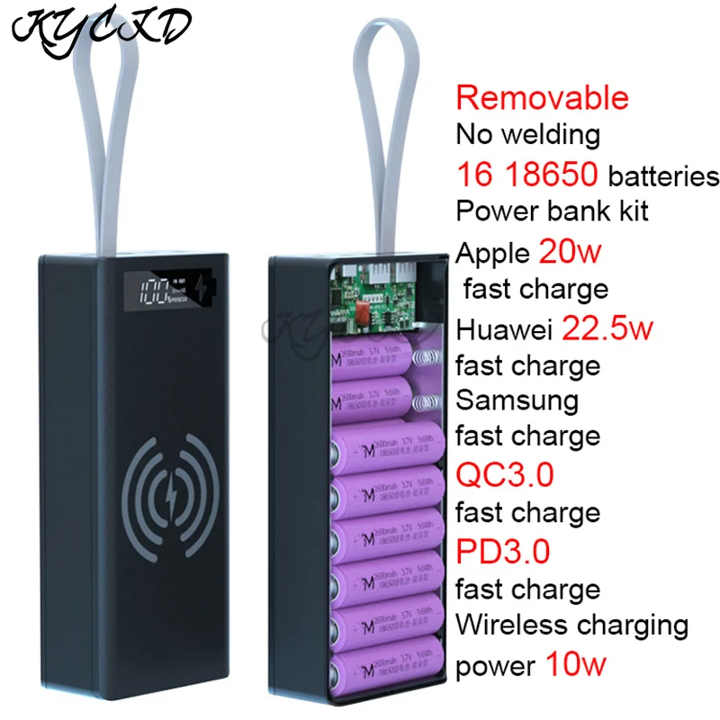 Wireless Charge 16*18650 Fast PD3.0 QC3.0 Welding Free Battery Storage Box DIY Power Bank Case 18650 Holder |