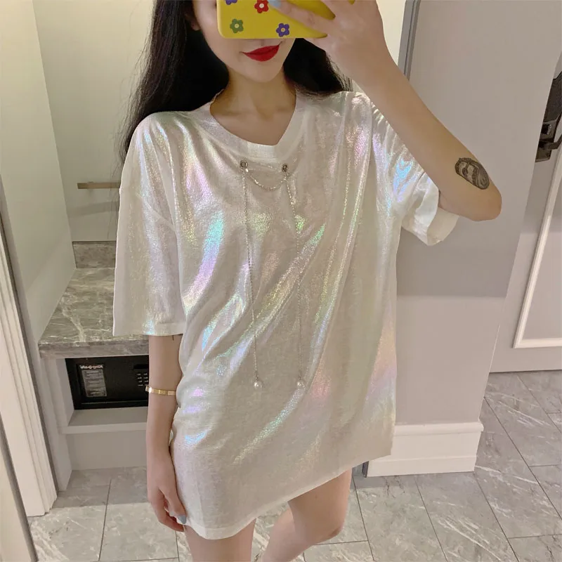 Футболка с радугой Женская свободная длинная футболка с коротким рукавом femme laser shiny Длинные Топы женские футболки с коротким рукавом laser