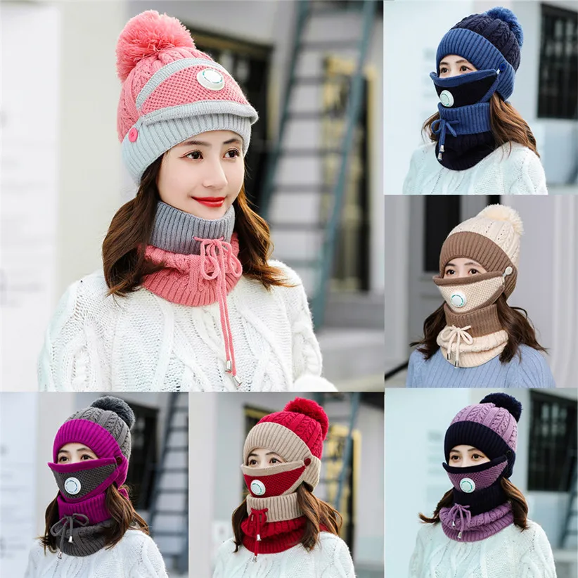 Winter Knit Set Women Girls Patchwork Ball Hat Skullies Beanies Lace-up Scarf O Ring Face Mask Woman Ski Cap 9108